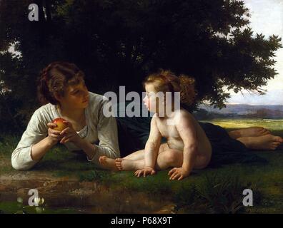 Painting titled 'Temptation' painted by William Adolphe Bouguereau (1825-1905) French academic painter and traditionalist. Dated 1880. Stock Photo