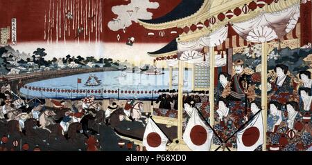 Japanese hand coloured woodcut. Image shows the Horse race in Ueno Park. The jockeys are shown racing on their horses while Japanese fans cheer from the stands. Dated c1880 Stock Photo