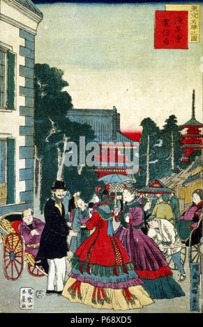 Japanese hand coloured woodcut. Image shows a scenic shot of the Asakusa section of Tokyo. People greet each other in the street, as they pass the telegraph bureau and Temple of Sensoji. Dated c1870 Stock Photo