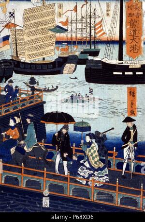 Japanese hand coloured woodcut. Image shows a ship in harbor, in London England. Women and men are walking and riding horses in the foreground. C 1868 Stock Photo