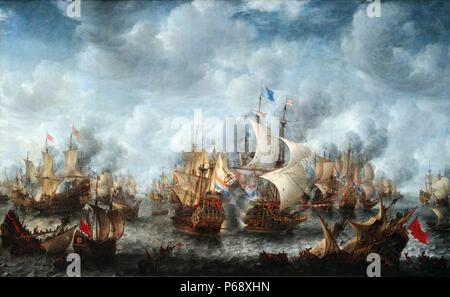Painting depicting the Battle of Terheide. Painted by Jan Abrahamsz Beerstraten (1622-1666) Dutch painter of marine art and landscapes. Dated 17th Century Stock Photo