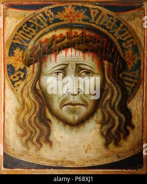 The Sudarium of Saint Veronica and the 'true image' of Jesus Christ wearing a crown of thrones. Dated 15th Century Stock Photo