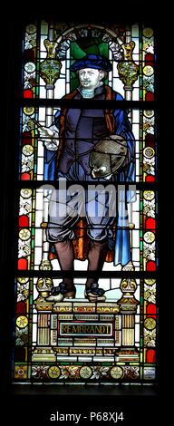 Stained glass window depicts Rembrandt Harmensz van Rijn (1606-1669) Dutch painter and etcher. Created by William Francis Dixon (1847-1928). Dated 1885 Stock Photo