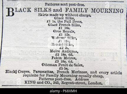 Advertisement for mourning clothing. Patterns sent post-free. Black silks and family mourning. Skirts made up without charge. Every article requisite for Family Mourning equally cheap. Stock Photo