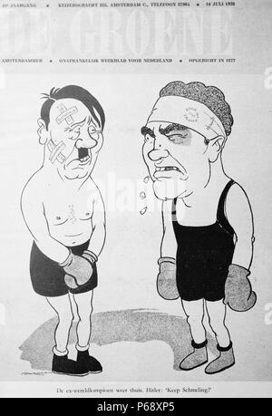 Cartoon of Adolf Hitler in a boxing match with Joe Louis Stock Photo