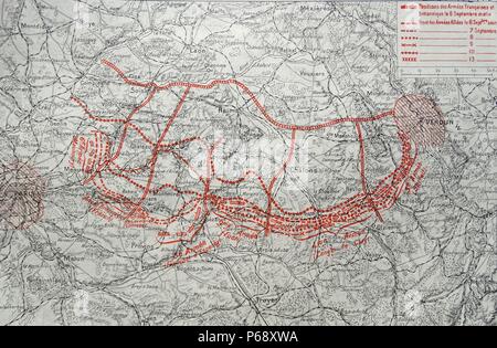 Map depicting the German advance into France after The First Battle of the Marne. Dated 1914 Stock Photo