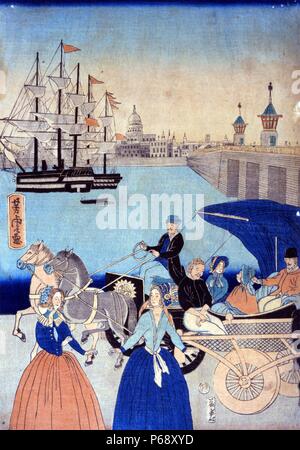 Colour illustration of London, titled Igirisukoku rondon zu, by Yoshitora Utagawa (active 1850-1880). Dated 1866 Stock Photo