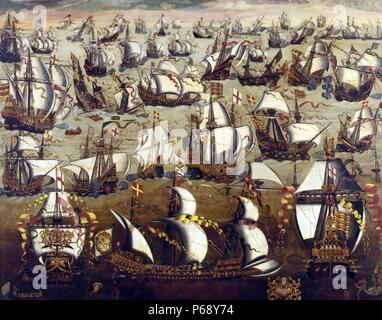 Painting depicting the Spanish Armada, a Spanish fleet or 130 ships that sailed from A Coruña in August 1588, under the command of the Duke of Medina Sidonia with the purpose of escorting an army from Flanders to invade England. Dated 16th Century Stock Photo