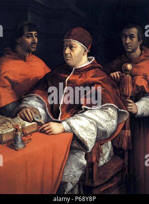 Portrait of Pope Leo X with the Cardinals Giulio de' Medici and Luigi de' Rossi. Painted by Raphael (1483-1520). Dated 16th Century Stock Photo