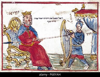 Bible illustration of David playing the harp for King Saul. Dated 16th Century Stock Photo