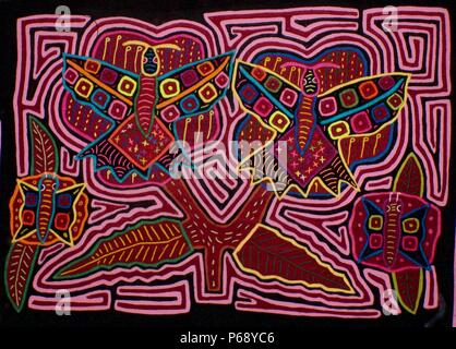 Mola textile by Kuna Indian artist, depicting an invertebrate animal. From the San Blas Archipelago, Panama. Reverse applique design worn on female blouse.Butterflies. Stock Photo