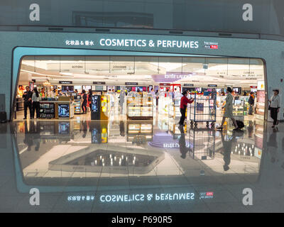 South Korea - April 2018: Large duty free shop for cosmetics and perfumes in Incheon International Airport Stock Photo