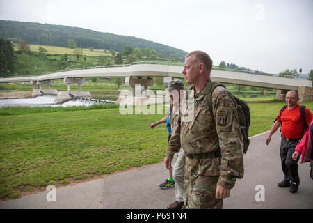 Participants march in the 49th Annual Marche Internationale de Diekirch, Diekirch, Luxembourg, May 21, 2016. This is an annual international marching event hosted by the Luxembourg Army and the city of Diekirch. Civilians and Military participants complete 80 kilometers during a two day period around the vicinity of Diekirch, Luxembourg. (U.S. Army photo by Spc. Tracy McKithern/Released) Stock Photo