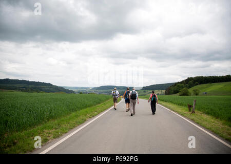 Participants march in the 49th Annual Marche Internationale de Diekirch, Diekirch, Luxembourg, May 21, 2016. This is an annual international marching event hosted by the Luxembourg Army and the city of Diekirch. Civilians and Military participants complete 80 kilometers during a two day period around the vicinity of Diekirch, Luxembourg. (U.S. Army photo by Spc. Tracy McKithern/Released) Stock Photo