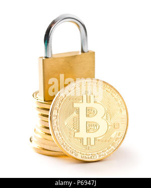 The golden bitcoin. Cryptocurrency and padlock isolated on white background. Stock Photo