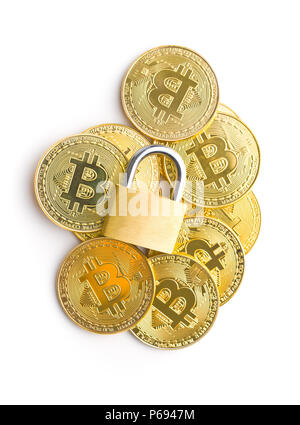 The golden bitcoin. Cryptocurrency and padlock isolated on white background. Stock Photo