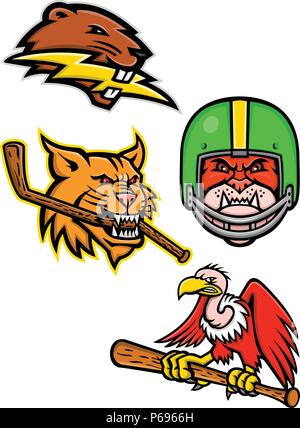 Sports mascot icon illustration set of heads of American wildlife like the North American beaver with lightning bolt, bobcat or lynx cat with ice hock Stock Vector