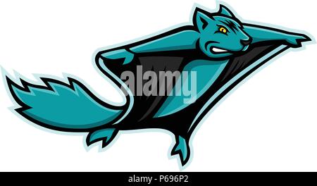 Mascot icon illustration of a flying squirrel, black flying squirrel or Northern flying squirrel, flying or gliding viewed from a low angle on isolate Stock Vector
