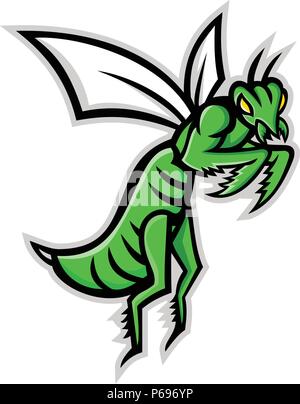 Mascot icon illustration of a praying mantis or mantis with forearms folded flying viewed from side on isolated background in retro style. Stock Vector
