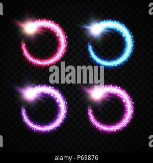 Christmas colorful magic round comets with glittering glowing trail tail. Holiday light background elements set on transparent backdrop. Decorative lights circle frame pack. Bright vector illustration Stock Vector