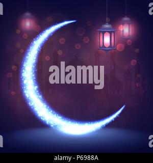 Ramadan Kareem background with arabic lanterns and glowing glittering crescent moon. Greeting islamic card with mosque, islam symbol. Eid Mubarak Muslim feast holy month of Ramadan vector illustration Stock Vector