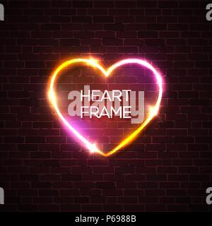 Night club pink red heart neon realistic sign. 3d retro light signage with shining neon effect. Techno frame with glow on dark brick texture wall background. Electric banner. Color vector illustration Stock Vector