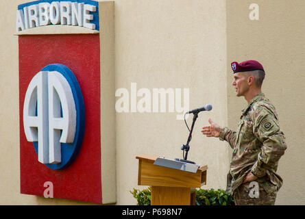 Maj. Gen. Richard Clarke, 82nd Airborne Division commanding general, expresses the significance of remembering fallen Paratroopers who lost their lives while conducting combat training during a memorial ceremony at the 82nd Abn. Div. War Memorial Museum on Fort Bragg, N.C., May 25.  Families, friends, and veteran Paratroopers paid their respects and honored their fallen comrades.  The new monument featured more than 220 names, all training casualties. Stock Photo