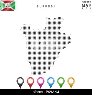 Dots Pattern Vector Map of Burundi. Stylized Silhouette of Burundi. Flag of Burundi. Set of Multicolored Map Markers Stock Vector