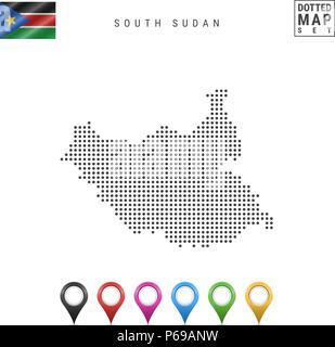 Dots Pattern Vector Map of South Sudan. Silhouette of South Sudan. Flag of South Sudan. Set of Multicolored Map Markers Stock Vector