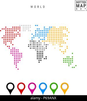Dots Pattern Vector Map of the World. Stylized Silhouette of the World. Continents are Highlighted in Different Colors Stock Vector