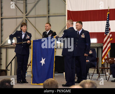 Brig. Gen. Russ A. Walz, former 114th Fighter Wing commander, relinquished command of the Fighter Wing and was recognized for his promotion to Brigadier General during a ceremony at Joe Foss Field, S.D. May 1, 2016.  Walz will begin his new position as Director of Joint Staff, Joint Force Headquarters, South Dakota National Guard and South Dakota Air National Guard Chief of Staff May 1, 2016. (U.S. Air National Guard photo by Staff Sgt. Luke Olson/released) Stock Photo