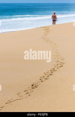 A tropical scene as a senior man walking on a beach leaves footprints in the golden sand with a vivid blue sea and foaming white waves in  background. Stock Photo