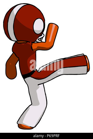 Orange football player man kick pose. Stock Photo