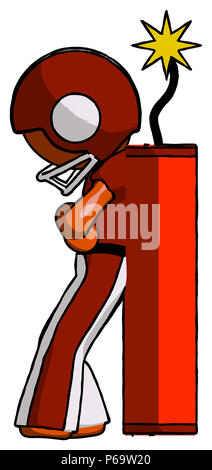 Orange football player man leaning against dynimate, large stick ready to blow. Stock Photo