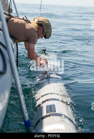 160514-N-SF508-130 PANAMA CITY, Fla. (May 14, 2016) — Electronic’s Technician 2nd Class Kristina Minon, assigned to Mobile Diving and Salvage Unit 2 (MDSU) Unmanned Systems Platoon 204, unclips a Mark 18 Mod. 2 unmanned underwater vehicle during an Expeditionary Mine Countermeasure (ExMCM) certification exercise at Naval Support Activity Panama City, Fla.(U.S. Navy photo by Mass Communication Specialist 2nd Class Charles Oki/Released) Stock Photo