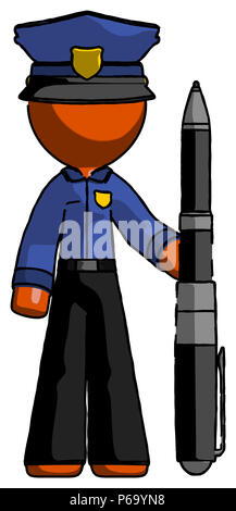 Orange police man holding large pen. Stock Photo