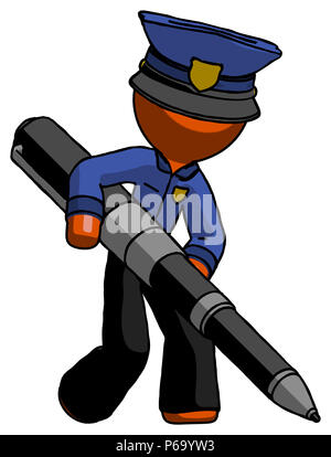 Orange police man writing with a huge pen. Stock Photo