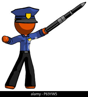 Orange police man shows, yes, the pen is mightier. Stock Photo