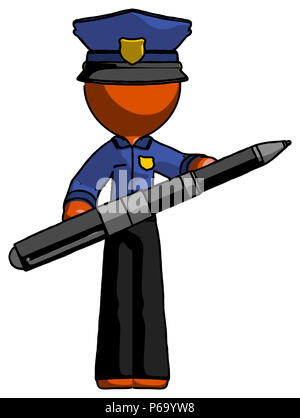 Orange police man posing confidently with giant pen hopefully ready to sign giant check. Stock Photo