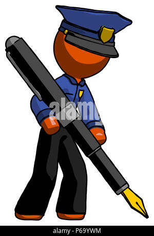 Orange police man drawing or writing with large calligraphy pen. Stock Photo
