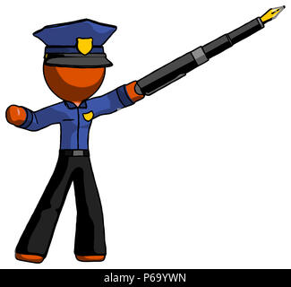 Orange police man pen is mightier than the sword calligraphy pose. Stock Photo