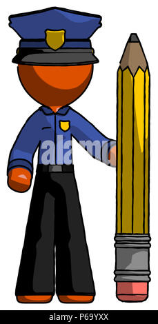 Orange police man with large pencil standing ready to write. Stock Photo