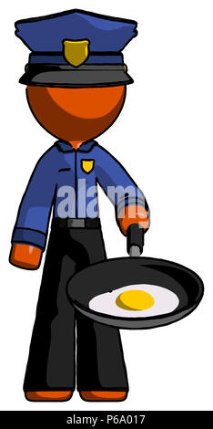 Orange police man frying egg in pan or wok. Stock Photo