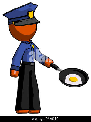 Orange police man frying egg in pan or wok facing right. Stock Photo