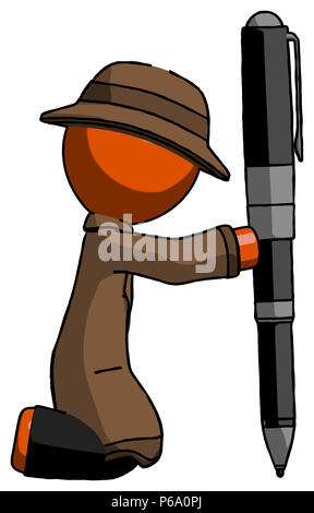 Orange detective man posing with giant pen in powerful yet awkward manner. Because its funny. Stock Photo