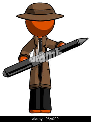 Orange detective man posing confidently with giant pen hopefully ready to sign giant check. Stock Photo