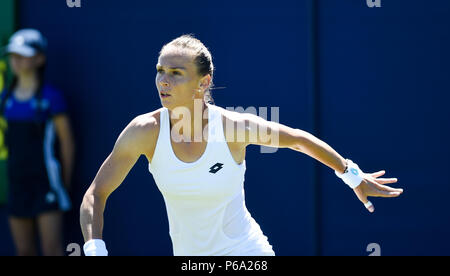 Magdalena Rybarikova of Slovakia in action before retiring hurt against Su-Wei Hsieh of Taiwan during the Nature Valley International tennis tournament at Devonshire Park in Eastbourne East Sussex UK. 26 June 2018 Stock Photo