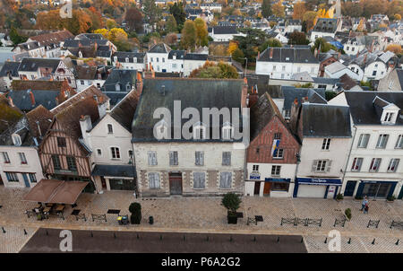 Amboise, France - November 6, 2016: Aerial cityscape of small French town located in the Indre-et-Loire department of the Loire Valley. Traditional ol Stock Photo