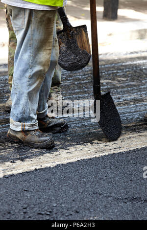 Workers using asphalt paver tools during road construction. Stock Photo