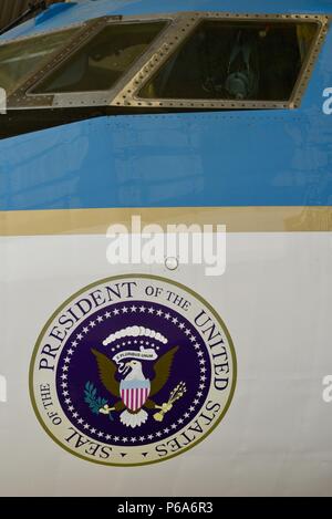 Air Force One Half, Lyndon B Johnson's US Presidential Jet Aircraft parked in hangar at Lyndon B Johnson Historical Park, Texas, USA Stock Photo